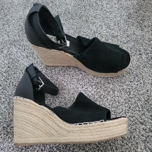 Steve Madden Jaylen Leather Suede Platform Wedge Espadrilles Sandals Black Sz 8